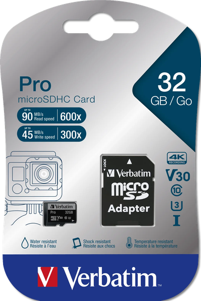 Carte mémoire Micro SD Verbatim Pro U3 - 32Go avec adaptateur