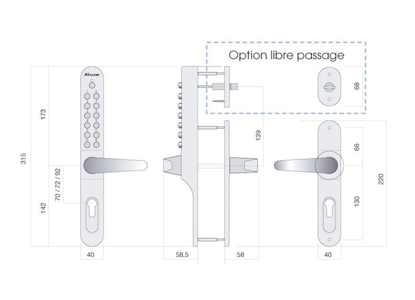 Serrure KEYLEX profil étroit passage - LOKOD - 22701-BN