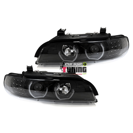 PHARES AVANTS NOIRS FEUX ANGEL EYES EN U CLIGNO LEDS BMW SERIE 5 E39 1995-2003 (05337)