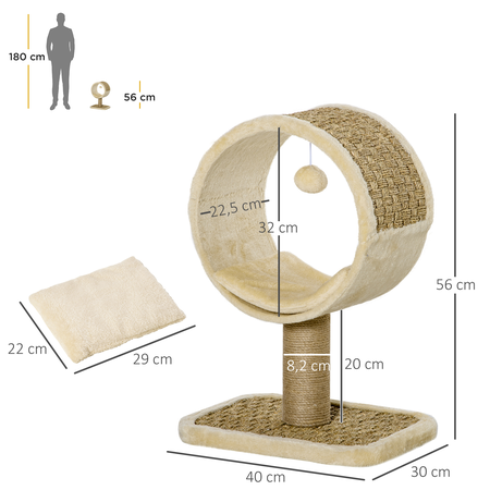 Arbre à chat rond style cosy chic avec coussin et souris suspendue