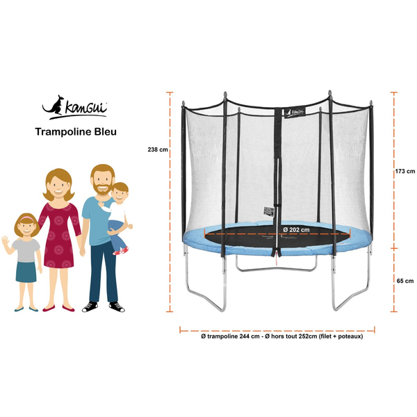 Kangui - Trampoline de jardin 250 cm + filet de sécurité | Normes EU | Montage facile