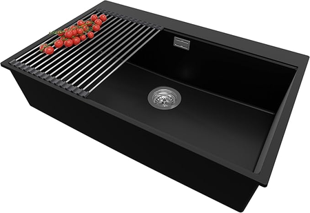 Oslo Top Primagran Évier de Cuisine Granit Noir 78×50 cm 1 Bac – Kit de Vidage & Accessoires