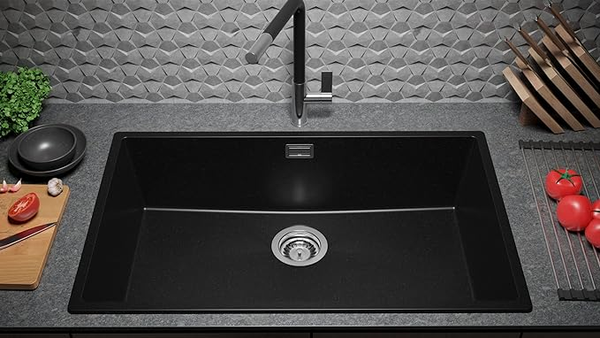 Primagran London Slim Évier de Cuisine Granit Noir 76×47 cm 1 Bac + Kit de Vidage