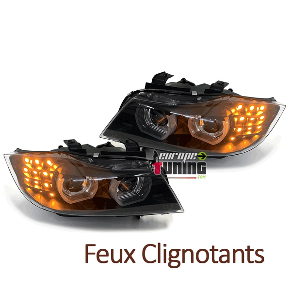 OPTIQUES PHARES NOIRS ANNEAUX LED 3D AU XENON BMW SERIE 3 E90 & E91 2008-2012 PH2 (05458)
