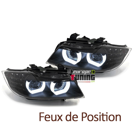 OPTIQUES PHARES NOIRS ANNEAUX LED 3D AU XENON BMW SERIE 3 E90 & E91 2008-2012 PH2 (05458)