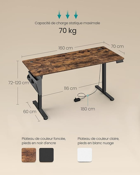 SONGMICS Bureau Électrique Réglable en Hauteur 160×70 cm – Table Assis-Debout Mémoire 4 Positions, Marron Rustique LSD136K01