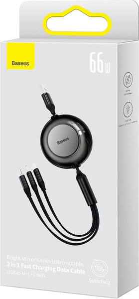 Câble 3en1 rétractable Baseus Bright Mirror USB 2.0 type A vers Micro USB, USB-C & Lightning M/M 1,1m 66W (Noir)
