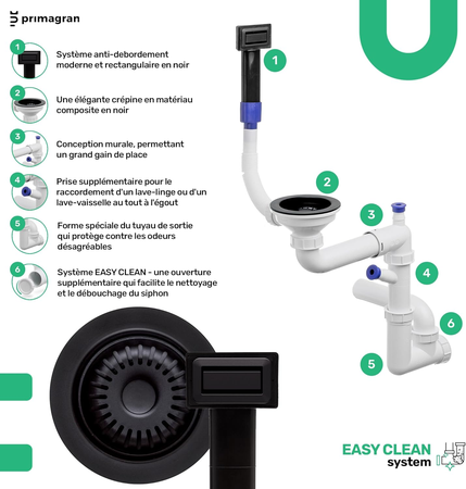 PRIMAGRAN Oslo Max Évier Cuisine Granit Tout Noir 78×53 cm 1 Bac + Kit de Vidage + Robinet 40×13 cm