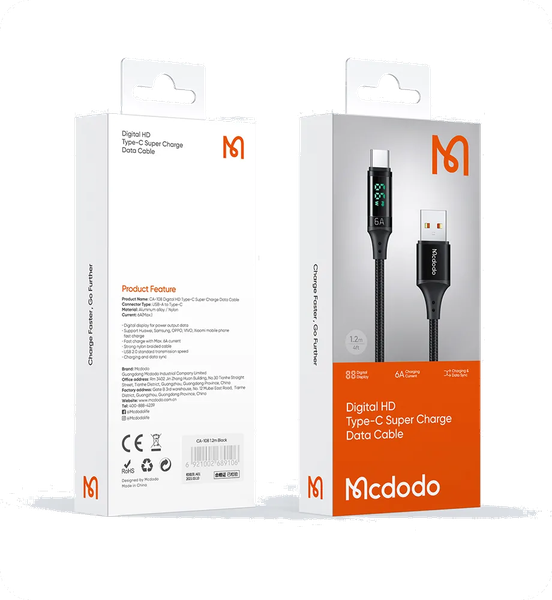 Câble Mcdodo Digital HD USB-A/C avec écran 1,2m M/M (Noir)