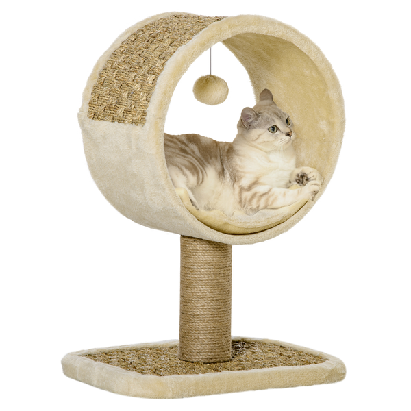 Arbre à chat rond style cosy chic avec coussin et souris suspendue