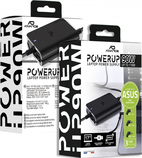 Chargeur universel Advance PowerUp compatible Asus 90W - 3 embouts