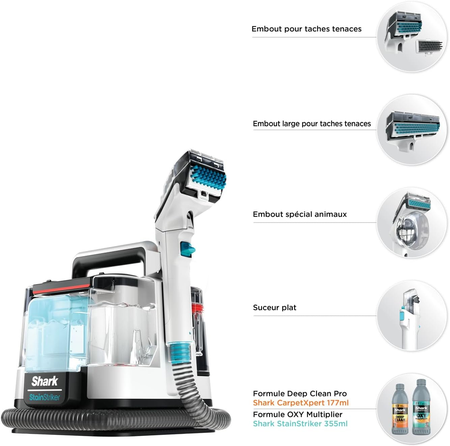 Shark StainStriker Nettoyeur de taches avec 5 outils dont accessoire pour animaux, suceur plat, tuyau, 2 Formules nettoyage sur mesure Élimine taches, odeurs, saleté. Léger et portable, 450W PX200EUT