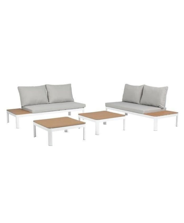Salon de jardin modulable, en aluminium couleur blanc et polywood - 4 personnes avec coussins gris - SANTANA