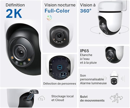 Tapo C51A Caméra de Surveillance WiFi Extérieure 2K 360° – Vision Nocturne Couleur, Détection de Personne, Suivi de Mouvement, Alarme Personnalisable, Étanche IP65