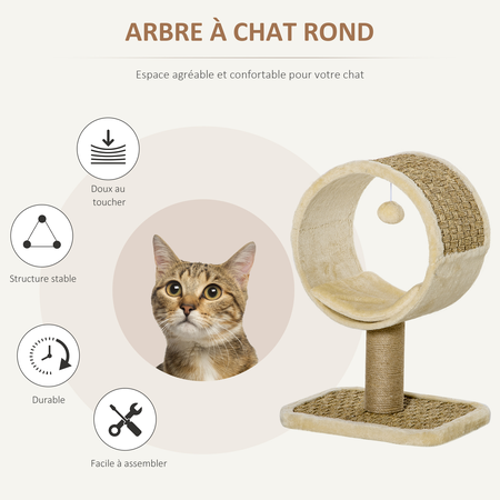 Arbre à chat rond style cosy chic avec coussin et souris suspendue