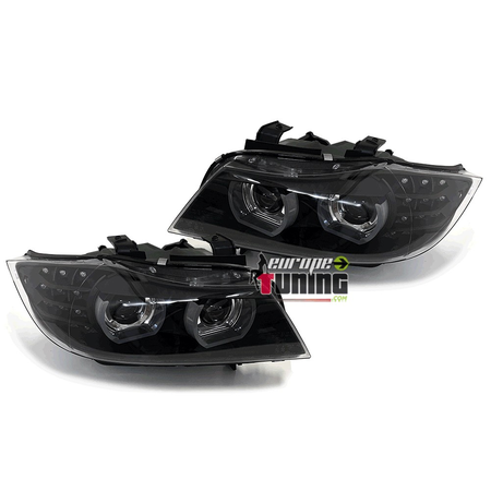 OPTIQUES PHARES NOIRS ANNEAUX LED 3D AU XENON BMW SERIE 3 E90 & E91 2008-2012 PH2 (05458)