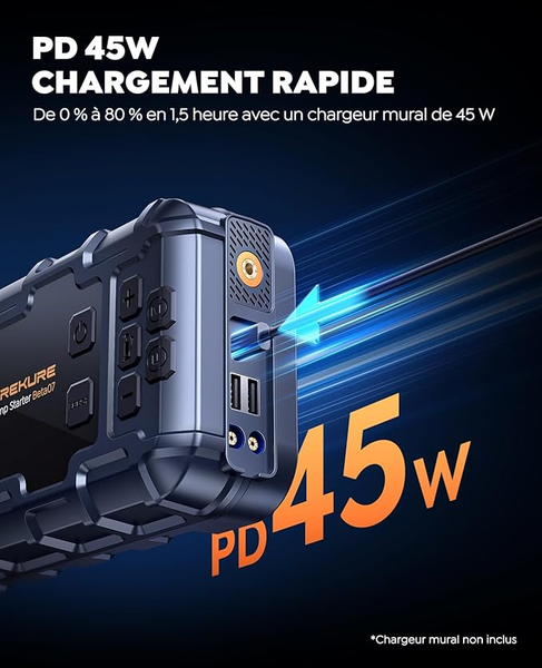 TREKURE 10-in-1 Booster Batterie Voiture 6000A – Démarreur avec Compresseur 160 PSI, 26800 mAh, 45W Charge Rapide, 600 LED, Grand Écran – 12V Jump Starter pour Tous Gaz et 12L Diesel