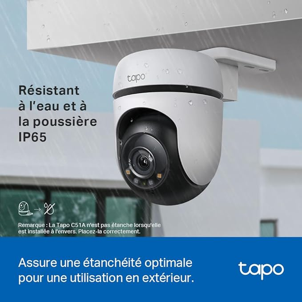 Tapo C51A Caméra de Surveillance WiFi Extérieure 2K 360° – Vision Nocturne Couleur, Détection de Personne, Suivi de Mouvement, Alarme Personnalisable, Étanche IP65