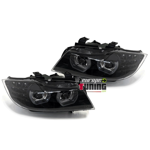 OPTIQUES PHARES NOIRS ANNEAUX LED 3D AU XENON BMW SERIE 3 E90 & E91 2008-2012 PH2 (05458)