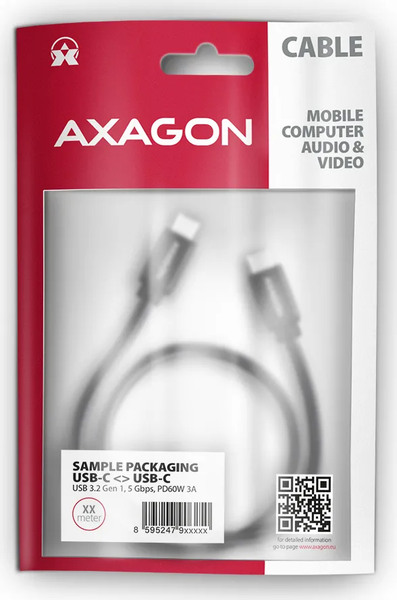 Câble Axagon USB-C 1m M/M 60W (Noir)