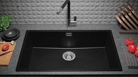 Primagran London Slim Évier de Cuisine Granit Noir 76×47 cm 1 Bac + Kit de Vidage