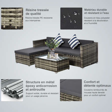 Ensemble salon de jardin 4 places 5 pièces avec coussins résine gris