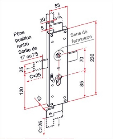 Serrure de volet 3ème point court gauche acier zingué – TIRARD - CE112204