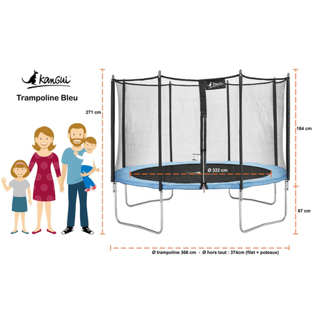 Kangui - Trampoline de jardin 366 cm + filet de sécurité | Normes EU | Montage facile