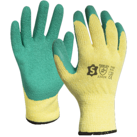 Pack de 12 paires de gants tricoté enduit en latex poignet bord-cote jaune/vert T10 - 7032E