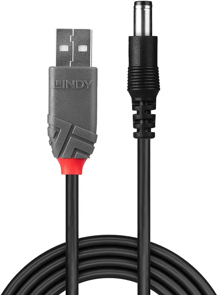 Adaptateur USB vers prise DC (2,5x5,5mm) Lindy 1,5m (Noir)