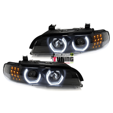 PHARES AVANTS NOIRS FEUX ANGEL EYES EN U CLIGNO LEDS BMW SERIE 5 E39 1995-2003 (05337)