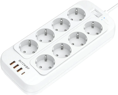 Multiprise 8 prises Blitzwolf BW-PC2 + 4xUSB et interrupteur 2m (Blanc)