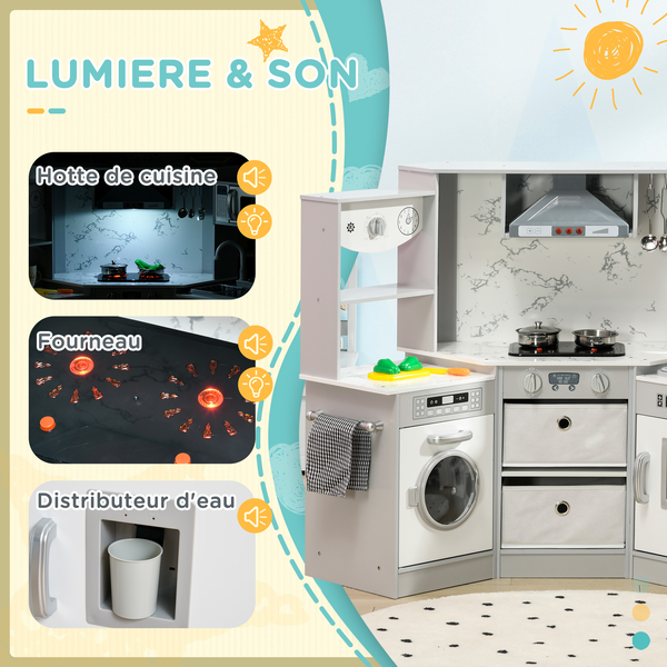 Cuisine pour enfant jeu d'imitation nombreux accessoires rangements gris blanc