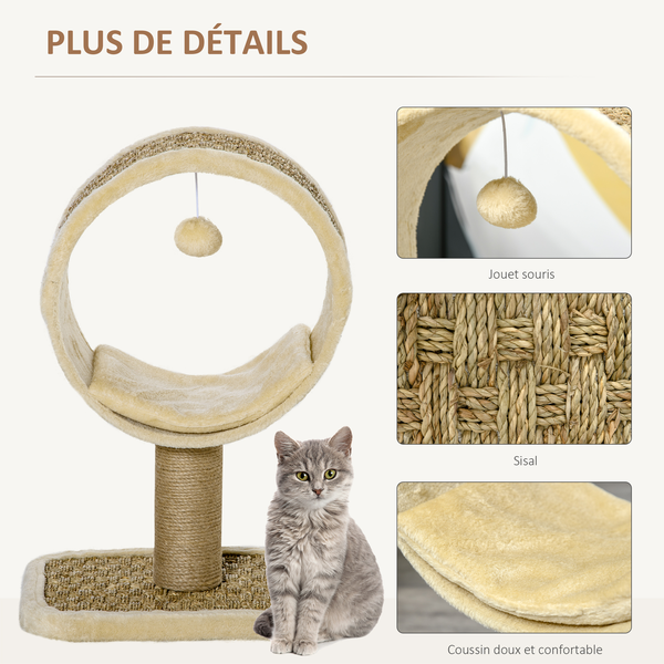 Arbre à chat rond style cosy chic avec coussin et souris suspendue