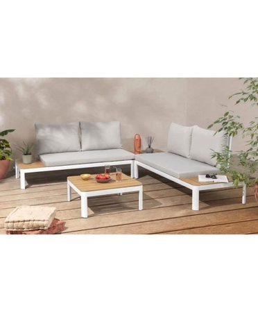 Salon de jardin modulable, en aluminium couleur blanc et polywood - 4 personnes avec coussins gris - SANTANA