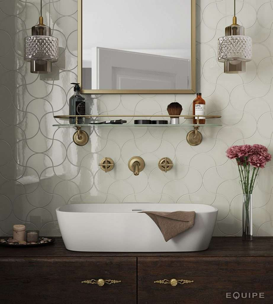 SCALE FAN CREAM - Faience écaille de poisson 10,6x12 cm crème beige brillant