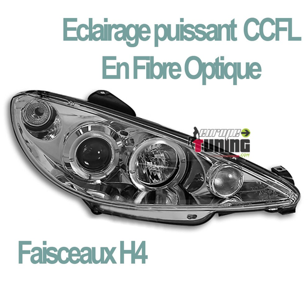 PHARES FEUX AVANTS ANNEAUX CCFL ANGEL EYES PEUGEOT 206 1998-2002 en H4 (00501)
