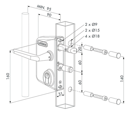 Serrure applique pour portail LAKQ40U2L pour profil de 40 à 60mm - LOCINOX - LAKQ4040U2LZILVVSZMZM