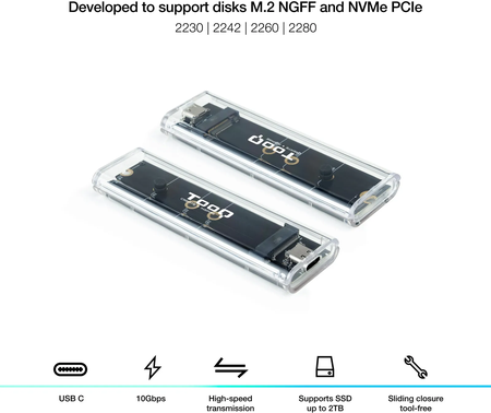 Boitier externe USB-C 3.2 Tooq TQE-2200 - M.2 NVMe Type 2280 (Transparent)