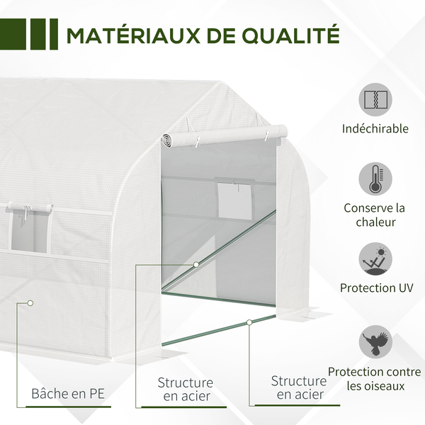 Serre tunnel de jardin dim. 5,93L x 3l x 2H m acier galvanisé bâche PE haute densité blanc