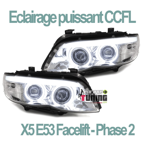 PHARES CHROME ANNEAUX ANGEL EYES FEUX CCFL BMW X5 E53 FACELIFT 2003-2007 (03373)