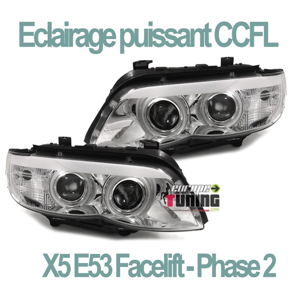 PHARES CHROME ANNEAUX ANGEL EYES FEUX CCFL BMW X5 E53 FACELIFT 2003-2007 (03373)