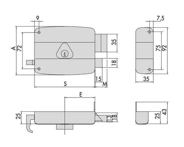 Serrure monopoint en applique horizontale à tirage 40mm gauche - CISA - 501210-01-2A