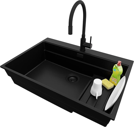 PRIMAGRAN Oslo Max Évier Cuisine Granit Tout Noir 78×53 cm 1 Bac + Kit de Vidage + Robinet 40×13 cm