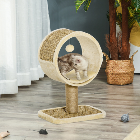 Arbre à chat rond style cosy chic avec coussin et souris suspendue