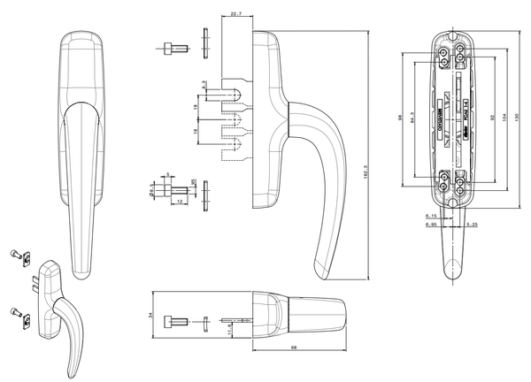 Poignée de crémone à 2 fourches Nefer argent - FAPIM - 0787B_G5