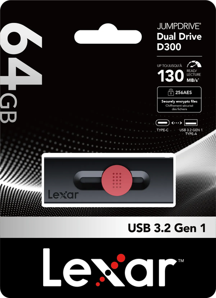Clé USB-A/C 3.2 Lexar JumpDrive Dual Drive D300 - 64Go (Noir)