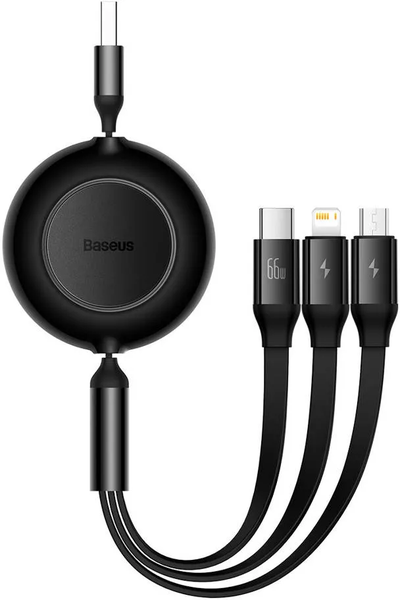 Câble 3en1 rétractable Baseus Bright Mirror USB 2.0 type A vers Micro USB, USB-C & Lightning M/M 1,1m 66W (Noir)